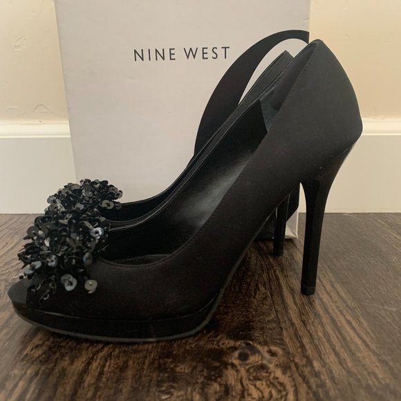 Nine West Peep Toe Sequin Satin Pumps - Picture 5 of 7